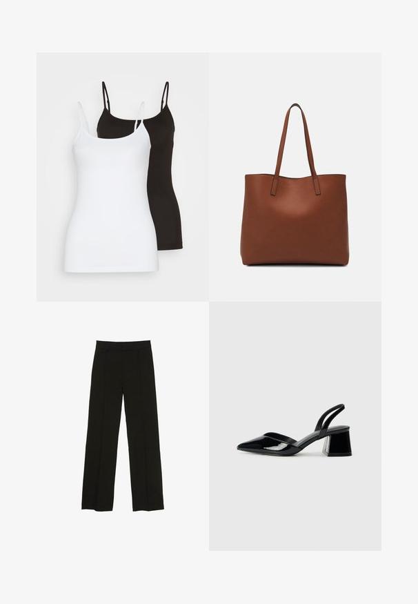 Zwei ärmellose Tops, eines in Weiß und eines in Schwarz, aus einem glatten, dehnbaren Stoff. Beide haben dünne Träger und ein schlichtes Design.; Schwarze weit geschnittene Hosen aus glattem Stoff, ausgestattet mit einem taillierten Bund und dezenten vorderen Falten für zusätzliche Struktur.; Schwarze Lackleder-Slingback-High Heels mit spitzem Schuh und einem geometrischen Blockabsatz. Verfügt über ein schlankes, minimalistisches Design und eine glatte Textur.; Braune Leder-Tote mit glatter Textur, offenem Oberteil und zwei Schulterriemen. Verfügt über minimale Nähte und keine sichtbaren Beschläge.