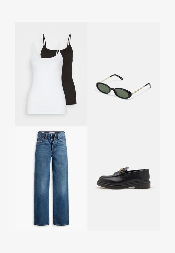 Twee mouwloze camisoles, één in wit en één in zwart, gemaakt van een gladde, rekbare stof. Beide hebben dunne bandjes en een eenvoudig ontwerp.; Blauwe denim jeans met een wijduitlopende ontwerp, vijf zakken, knoopsluiting en contrasterende stiksels. Gestructureerde stof met een vervaagde afwerking.; Zwarte leren instappers met een ronde neus, decoratieve franjes en gouden hardwareaccenten. Dikke rubberen zool voor extra grip en duurzaamheid.; Ovale zonnebril met groene lenzen, zwarte kunststof voorkant en dunne gouden metalen pootjes. Beschikt over een minimalistisch ontwerp met een gladde textuur.