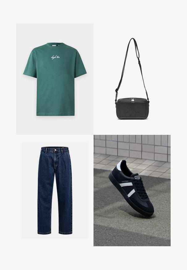 Green cotton T-shirt with a crew neckline and short sleeves. Features white cursive text "high tea" on the front. Simple design, no patterns.; Dark blue denim jeans with a straight-leg design. Features visible stitching, a button closure, and front pleats for added detail.; Black leather sneaker with white stripes, textured rubber sole, and lace-up front. Features a branded label on the tongue.; Black leather crossbody bag with a zip closure, embossed logo on the front, and adjustable strap. Smooth texture with a rectangular shape.