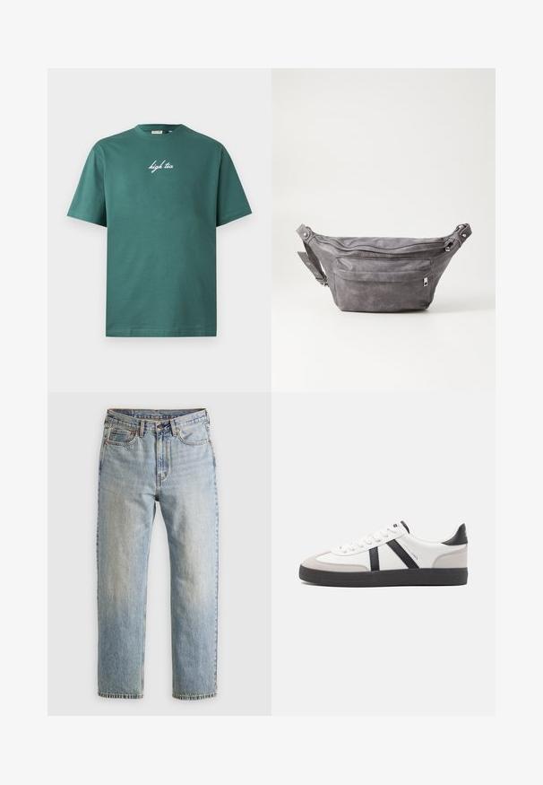 Vihreä puuvillapaita, jossa on pyöreä pääntie ja lyhyet hihat. Edessä valkoista käsinkirjoitettua tekstiä "high tea". Yksinkertainen malli, ei kuvioita.; Vaaleansininen farkut, joissa on korkea vyötärö, etunappi, vetoketju ja viisi taskua, asetettu tasaisesti neutraalille taustalle.; Valkoiset lenkkarit mustilla ja harmailla yksityiskohdilla, joissa on teksturoitu harmaa kärki, musta kumipohja ja litteät valkoiset nauhat. Siisti muotoilu, minimalistinen tyyli.; Harso harmaa samettinen vyölaukku pyöreällä muotoilulla, kahdella vetoketjullisella osastolla ja säädettävällä hihnalla. Varustettu metallisilla varusteilla.