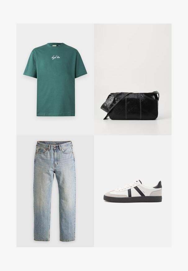 Zeleni bombažni T-shirt s krožnim izrezom in kratkimi rokavi. Na sprednji strani ima belo kurkasto besedilo "high tea". Preprost dizajn, brez vzorcev.; Svetlo modri džins hlače z visokim pasom, sprednjim gumbom, zadrgo in petimi žepi, laid flat na nevtralni podlagi.; Bela športna obutev z črnimi in sivo akcenti, z teksturirano sivo kapico za prste, črnim gumijastim podplatom in ravnimi belimi vezalkami. Čista zasnova, minimalistični slog.; Črna usnjena torba za ramo z zadrgo, ki ima teksturirano telo, belo šivanje in trak s srebrnimi luknjami.