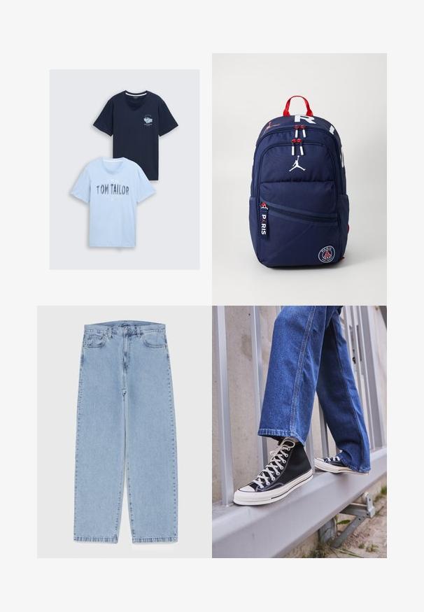 To bomulls t-skjorter: en marineblå med et brystgrafikk, og en lyseblå med teksten "TOM TAILOR" og et Havanna-design. Rund hals, korte ermer.; Lyseblå denimjeans med rett ben-design, med mid-rise liv, fem lommer og knap og lynlås lukning.; Svarte høy-hælte joggesko med hvit såle og snøring, paired med løse blå denim-jeans, hvilende på et grått rekkverk.; Marineblå ryggsekk med røde detaljer, flere glidelåslommer, logo-patcher og justerbare stropper. Laget av slitesterkt stoff.