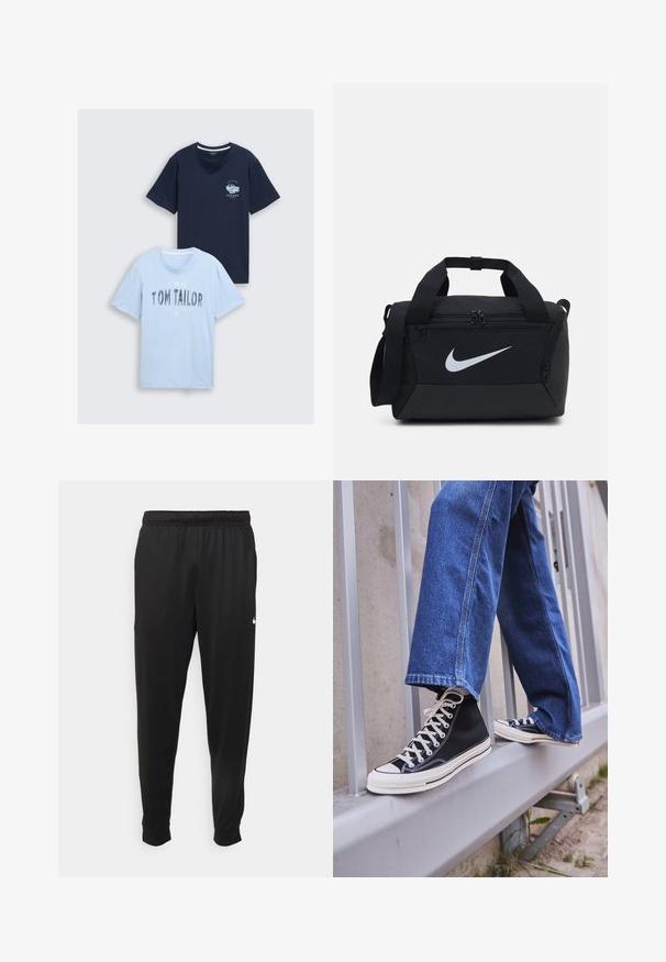 Du norsos medvilnės marškiniai: vieni tamsiai mėlyni su krūtinės piešiniu, ir kiti šviesiai mėlyni su tekstu "TOM TAILOR" ir Havanos dizainu. Apvalus iškirpimas, trumpomis rankovėmis.; Juodi sportiniai kelnės, pagamintos iš lygaus audinio, turinčios elastinę juosmenį, siaurėjantys sijonai ir mažas baltas logotipas kairėje pusėje.; Juodi aukšti sportiniai bateliai su baltu padu ir raišteliais, derinami su laisvai krentančiais mėlynais džinsais, atremti į pilką turėklą.; Juodas sportinis krepšys su lygiu audiniu, dviem užtrauktukais užsegamais skyreliais, paminkštintomis rankenomis ir dideliu baltu Nike logotipu priekyje.