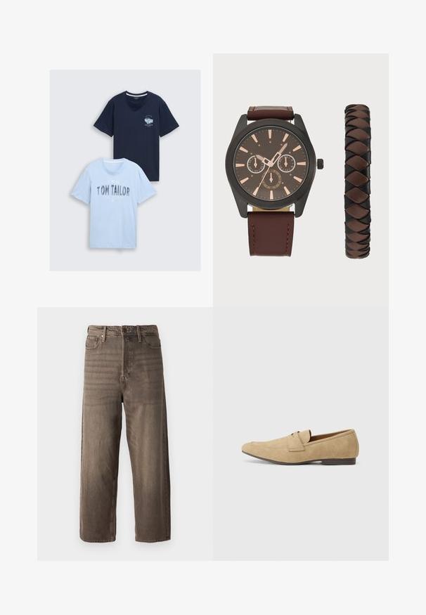 Dvé bavlněné trička: jedno námořnické modré s grafikou na hrudi a jedno světle modré s textem "TOM TAILOR" a designem Havany. Kulatý výstřih, krátké rukávy.; Hnědé široké džíny vyrobené z denimu. Mají zip, poutka na opasek a pět kapes. Látka má vybledlý, texturovaný vzhled.; Semišové loafery v béžové barvě s mírným leskem, s kulatou špičkou, snadným obouváním a nízkým hnědým podpatkem. Jemné detaily šití.; Pier One SET - Hodinky - black/brown