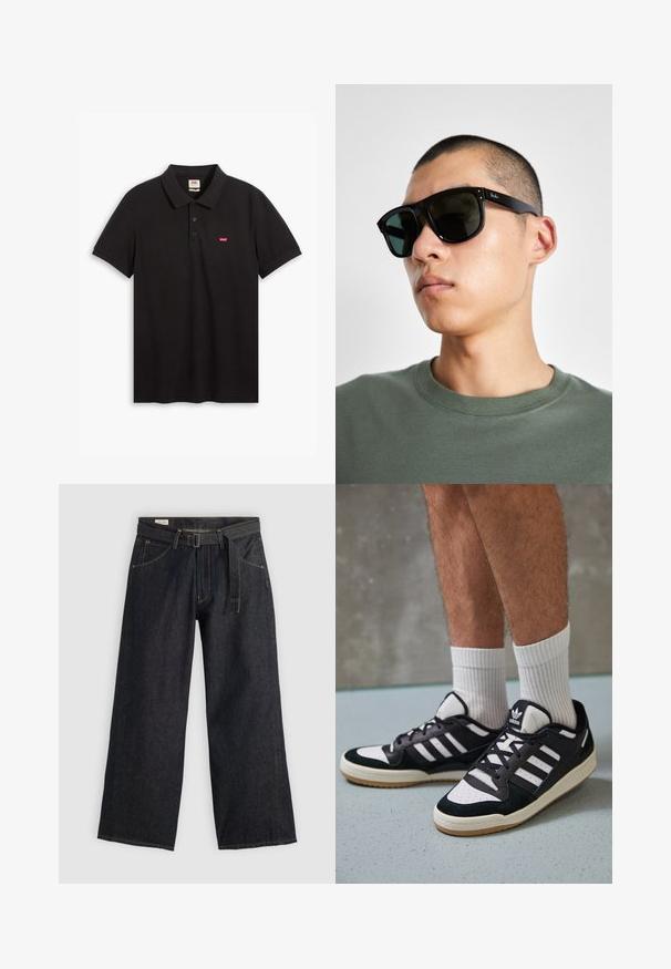 Camisa polo preta feita de algodão, com uma textura suave, três botões no colarinho e um pequeno logótipo vermelho da Levi's no peito.; Calças largas de denim escuro com cintura cingida, apresentando bolsos frontais e costuras contrastantes. Textura suave com um design limpo.; Ténis em preto e branco com upper em camurça e couro, apresentando três riscas brancas, um toe perfurado e uma sola em borracha de goma.; Óculos de sol retangulares pretos com lentes escuras, apresentando uma forma distinta e marcação na haste. Usados por uma pessoa com uma camisa verde.