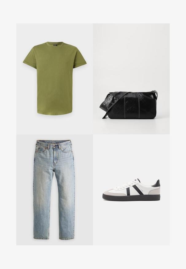 Olive green short-sleeve t-shirt made of soft cotton, featuring a crew neck and a subtle logo on the chest. Smooth texture throughout.; Light blue denim jeans with high waist, front button, zipper, and five-pocket design, laid flat on a neutral background.; White sneaker with black and gray accents, featuring a textured gray toe cap, black rubber sole, and flat white laces. Clean design, minimalist style.; Black leather shoulder bag with a zip closure, featuring a textured body, white stitching, and a strap with silver grommets.