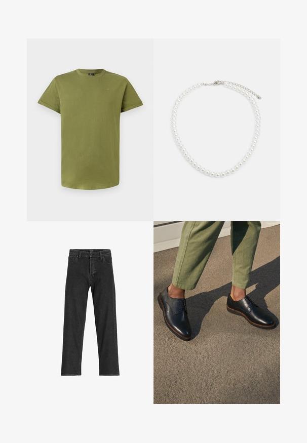 Alyvuogių žalios spalvos trumpomis rankovėmis marškinėliai, pagaminti iš švelnaus medvilnės, su apvalia iškirpte ir subtiliu logotipu krūtinėje. Lygus paviršius viso marškinėlių ilgumo.; Juoda džinsinė kelnė su tiesaus kirpimo dizainu, su užtrauktuku, diržo kilpomis ir šešiais kišenėmis, pagaminta iš tvirto medvilnės mišinio.; Juodos odinės suknelės bateliai su smailiu pirštu, su raištelių dizainu ir šviesiai rudos spalvos siūlėmis, derinami su alyvuogių spalvos kelnėmis.; Balta perlų kaklo grandinėlė, su vienodai apvalia forma, lygiu paviršiumi ir metaline sagtimi su ilginimo grandinėle, leidžiančia reguliuoti ilgį.