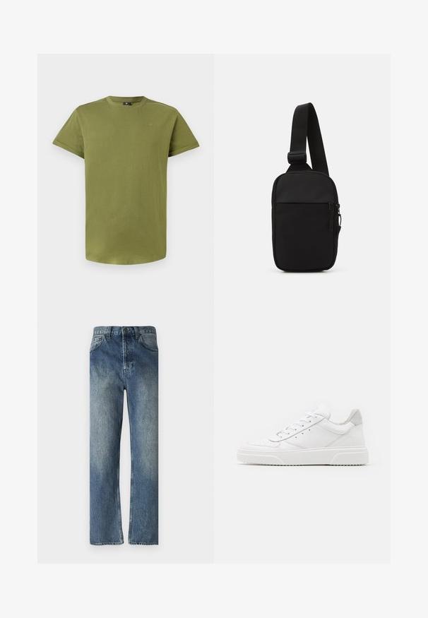 Olive green short-sleeve t-shirt made of soft cotton, featuring a crew neck and a subtle logo on the chest. Smooth texture throughout.; Blue denim jeans with a straight-leg cut, featuring a faded wash, belt loops, front pockets, and a single back pocket.; White leather sneakers with a smooth finish, rounded toe, flat laces, and a textured sole. Grey suede accent at the heel.; Black crossbody bag made of durable fabric, featuring a single adjustable strap, a zippered main compartment, and a front pocket.
