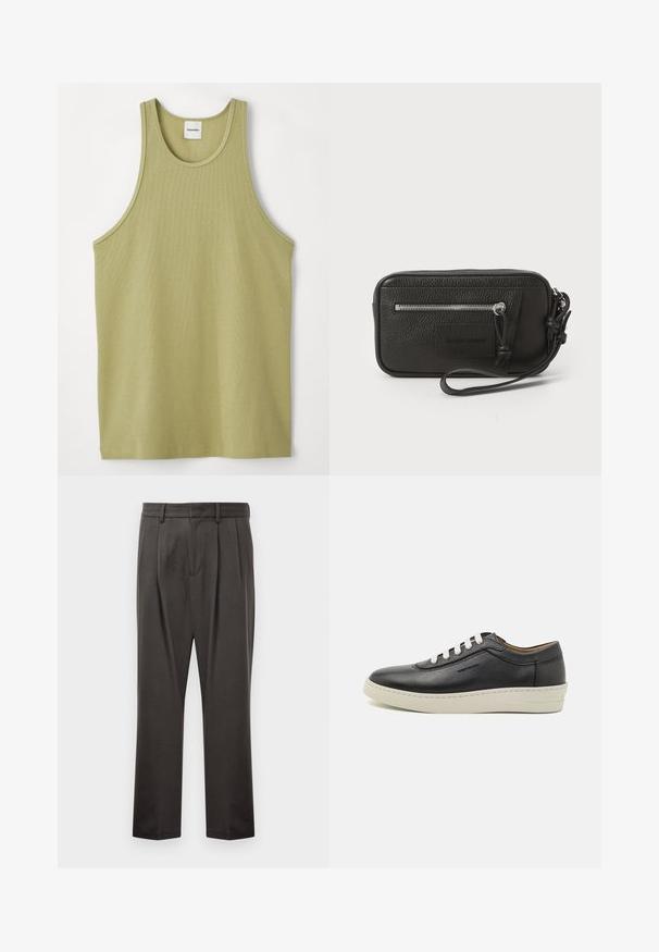 Vaaleanvihreä poimutettu tankkitoppi, jossa on pyöreä pääntie ja leveät kainalot. Kangas näyttää pehmeältä hienolla tekstuurilla ja säännöllisellä helma.; Tummanharmaat housut, jotka on valmistettu teksturoidusta kankaasta. Housuissa on litteä etuosa, laskokset, suorat lahkeet ja vyölenkit. Ei näkyviä metalliosia tai kuvioita.; Mustat nahkakengät, joissa on valkoinen kumipohja, pyöreä varvas ja litteät nauhat, sivusaumojen yksityiskohtia ja hillittyä brändäystä.; Mustakotelo, jossa on tekstuuri, etupinossa vetoketjullinen tasku ja irrotettava ranneke. Edessä on logopatch. Suorakulmainen muoto.