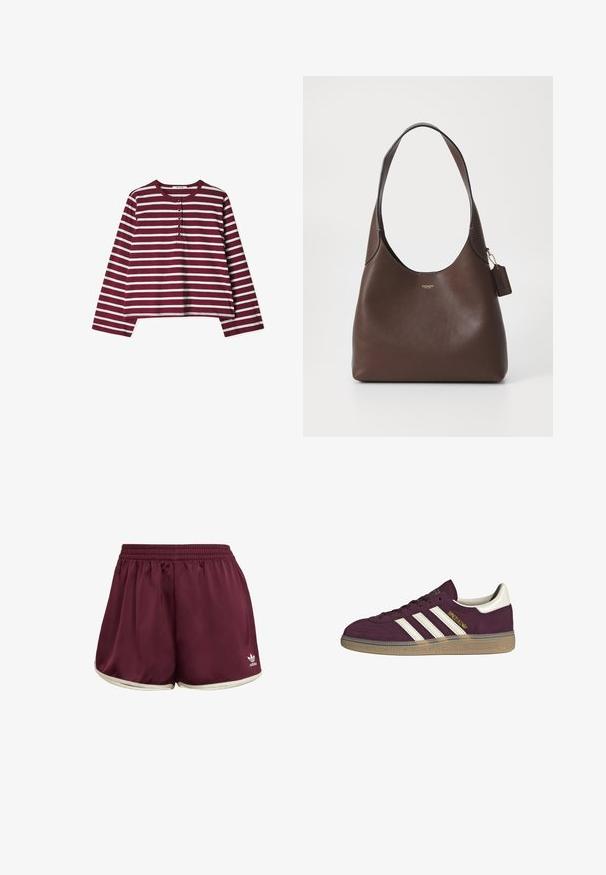 Bordeauxrotes Langarmshirt mit weißen horizontalen Streifen, runder Ausschnitt und fünf dekorativen Knöpfen auf der Vorderseite, cropped Design.; adidas Originals SPRINTER - Shorts - maroon cream white; Bordeauxfarbene Wildledersneaker mit weißen drei Streifen und beigen Akzenten. Verfügt über eine strukturierte Gummisohle und goldene Markenlogo auf der Seite.; COACH BROOKLYN SHOULDER BAG - Handtasche - brown