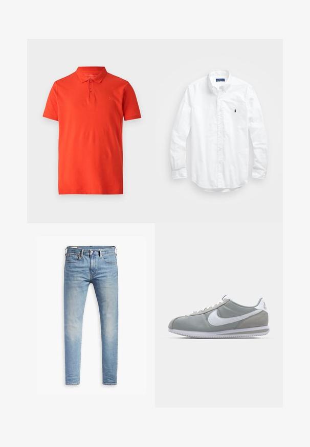 Rød polo T-shirt lavet af glat bomuld med klassisk krave, kortærmer og tre knapper ved halsen. Simple broderet logo på brystet.; Hvid langærmet skjorte i bomuld. Har en klassisk krave, knapmanchetter og et lille marineblåt broderet logo på brystet.; Lyseblå slim-fit jeans med let slid på lårene, frontlukning med knap, bæltestropper og fem lomme-design på en hvid baggrund.; Grå atletisk sko med overdækning i ruskind og tekstil, hvid Nike swoosh og hvide snørebånd. Har en struktureret gummisål og polstret krave.