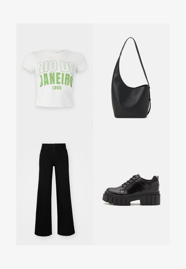 T-shirt en coton blanc avec inscription verte "RIO DE JANEIRO 1995" en police gras, manches courtes et encolure arrondie.; Pantalons large en denim noir, dotés d'une taille structurée, de passants de ceinture et de poches avant. Texture lisse avec un design classique.; Chaussures à plateforme en cuir noir avec un talon bloc épais, bout rond et un design traditionnel à lacets. Elles présentent une texture lisse et un détail minimal.; Sac hobo en cuir noir avec une texture lisse, une forme incurvée et une seule sangle réglable ; dispose d'une large ouverture en haut.