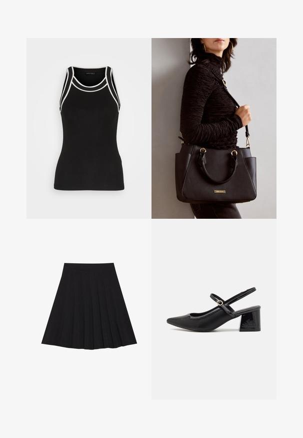 Zwarte geribde tanktop met witte accentdetails. Kenmerkt zich door een ronde halslijn en racerback ontwerp. Gemaakt van een rekbare stof voor comfort.; Zwarte plisseerok van een gestructureerde stof met een aansluitende tailleband. Valt tot op de knie en heeft een gladde, strakke silhouette.; Zwarte gepolijste leren slingback hakken met een spitse neus, een ronde uitsnede en een blokhak. Voorzien van een gouden gespaccent.; Zwarte handtas met gestructureerd oppervlak, dubbele bovenhandvatten en verstelbare schouderriem. Voorzien van goudkleurige hardware en zijzakken.