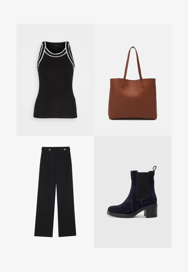 Svart ribbad linne med vit accentkant. Har en rund halsringning och racerback-design. Tillverkad av ett stretchigt material för komfort.; Svarta vida byxor med hög midja, knäppdetaljer i midjan och framfickor.; Marinblå mocka ankelstövel med elastisk sidopanel, rund tå och klossklack. Textil med struktur och slät sula ger kontrast.; Brun läder tote-väska med en slät textur, öppen toppdesign och två axelremmar. Har minimal söm och ingen synlig metalldetalj.