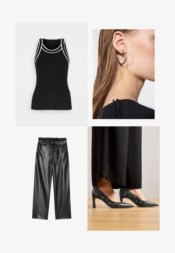 Schwarzes geripptes Tanktop mit weißen Akzenten. Verfügt über einen runden Halsausschnitt und ein Racerback-Design. Hergestellt aus einem dehnbaren Stoff für zusätzlichen Komfort.; Schwarze weite Hosen aus Kunstleder mit einem elastischen, rüschierten Bund und einem abnehmbaren Bindegürtel. Glatte Textur und minimaler Glanz.; Schwarze Leder-High Heels mit einem spitzen Zehen-Design, ausgestattet mit metallischen Ösenakzenten an den Seiten und einem schlanken Stiletto-Absatz.; Silberne Creolen mit polierter Oberfläche, die kleine goldene Akzentdetails und eine runde Form aufweisen, am Ohrläppchen getragen.
