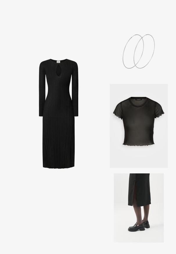 Top negro semitransparente de manga corta con cuello redondo y bordes festoneados. Fabricado con un tejido ligero, el diseño es ajustado y ligeramente corto.; Vestido negro de punto acanalado con mangas largas, que presenta un corte en forma de ojo de cerradura en el escote. Silueta recta, hasta la rodilla, tejido texturizado.; Zapatos de piel negra con punta redondeada, tacón grueso y bloque, y acentos elásticos en los laterales, combinados con unos pantys oscuros y una falda negra con una abertura.; Bolsa de pouch metálica plateada con una forma suave y redondeada y un cierre en la parte superior con un nudo. Hecha de un material de imitación de cuero suave.; Pendientes de aro plateados con un diseño minimalista. Forma circular, textura suave y perfil delgado. Livianos con un acabado pulido.
