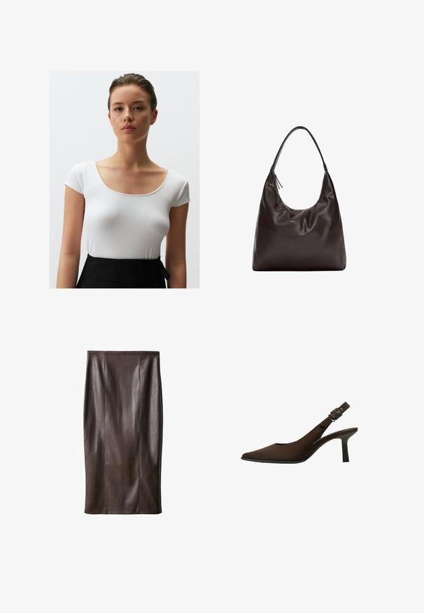 Jimmy Key SLIM FIT SHORT SLEEVED U NECK - T-Shirt basic - white; Brauner Leder-Bleistiftrock mit glatter Textur, knielang, mit vertikalen Nähten zur Gestaltung. Keine zusätzlichen Beschläge oder Akzente.; Braun Wildleder Slingback-Pumps mit spitzem Zeh, schlankem Design, dünnem Absatz und einer Schnallenakzent auf dem Knöchelriemen.; Braune Leder-Schultertasche mit einem weichen, lässigen Design. Die Tasche verfügt über einen breiten Riemen und eine minimalistische Form, die durch eine subtile Textur ergänzt wird.