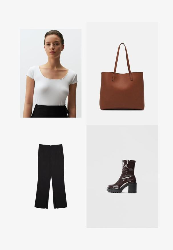 Jimmy Key SLIM FIT SHORT SLEEVED U NECK - T-shirt basic - white; Pantaloni neri a gamba dritta, con tasche frontali e spacchi laterali all'orlo. Realizzati in tessuto morbido e liscio. Adatti a diverse occasioni.; Stivale alla caviglia bordeaux lucido con un tacco spesso nero, caratterizzato da una superficie liscia e un design semplice. Nessuna chiusura visibile o motivo.; Borsa tote in pelle marrone con texture liscia, design con apertura superiore e due spallacci. Presenta cuciture minime e nessun hardware visibile.