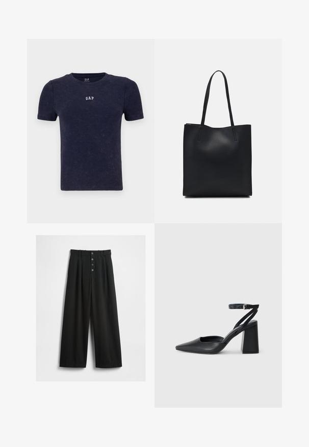 Tumesinine ribatud t-särk lühikeste varrukatega ja ümmarguse kaelusega. Rinnal on väike valge "GAP" logo. Pehme tekstuur, juhuslik disain.; Laiad mustad püksid, mis on valmistatud tekstuuriga kangast. Omab kõrget vööd, viie nööbiga esist fasteningut ja pressitud voldid lisadetailideks.; Mustmustest must-käigukingad, millel on konksuga nöör ja paks konts. Ühtlane tekstuur, stiilne disain ja minimalistlik esteetika.; Mustast nahast kott sujuva tekstuuriga, ristkülikukujuline ja kahe pika sangaga. Pole nähtavat riistvara ega kaunistusi.