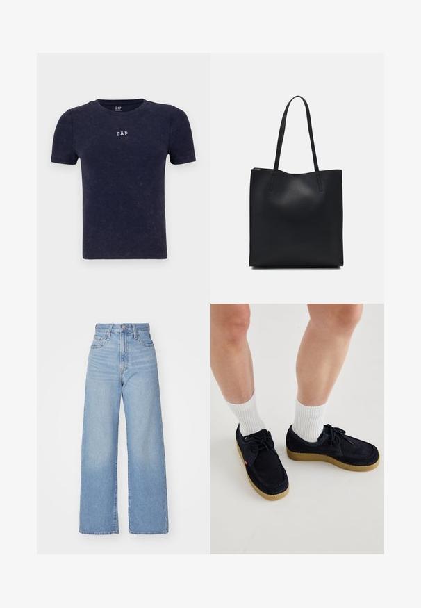 Sötétkék bordázott póló rövid ujjakkal és kerek nyakkivágással. A mellkason kisebb fehér "GAP" logó található. Puha tapintás, laza kialakítás.; Világoskék, magas derekú, bő szárú farmernadrág, elülső gombbal és cipzárral, elülső és hátsó zsebekkel, fehér háttérrel.; Tengerészkék velúr cipők kerek orral, fűzős kialakítással és krémszínű gumitalppal. Fehér bordás rövid zoknival párosítva.; Fekete bőrtáska sima felszínnel, téglalap alakú, két hosszú füllel. Nincs látható fémkiegészítő vagy díszítés.