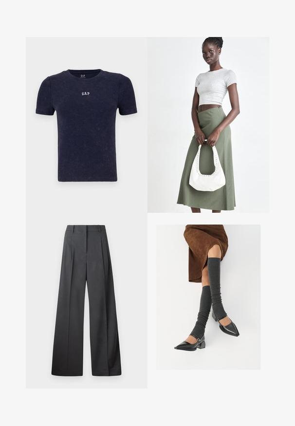 Navy blue ribbed t-shirt with short sleeves and round neckline. Features small white "GAP" logo on the chest. Soft texture, casual design.; Wide-leg trousers in dark gray fabric, featuring a high waist, single pleats, and a smooth texture with a clean finish at the hems.; Black patent leather pointed-toe shoes with a block heel and ankle strap, paired with gray ribbed leg warmers and a brown suede skirt.; Gray ribbed crop top and olive green high-waisted skirt. Model holds a white shoulder bag with cut-out detailing. Simple design, fitted silhouette.