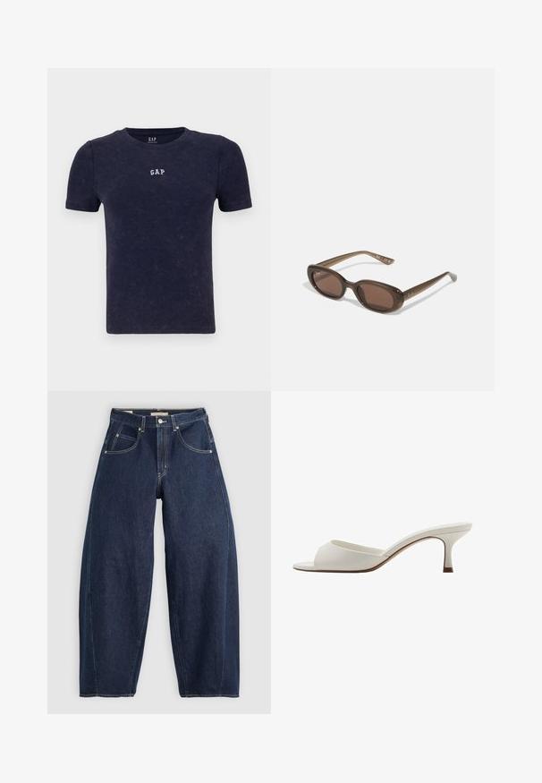 Navy blue ribbed t-shirt with short sleeves and round neckline. Features small white "GAP" logo on the chest. Soft texture, casual design.; Dark blue denim jeans with a loose fit, light stitching, five pockets, and a button closure at the waistband.; White open-toed high-heeled mules with a smooth finish, minimalist design, and a slender heel, featuring a subtle brown accent on the sole.; Brown oval sunglasses with dark lenses. Frame has a transparent brown material and features a logo printed on the temples.; Green leather handbag with a smooth texture, curved shape, and braided handle. Features a zip closure and an adjustable strap.