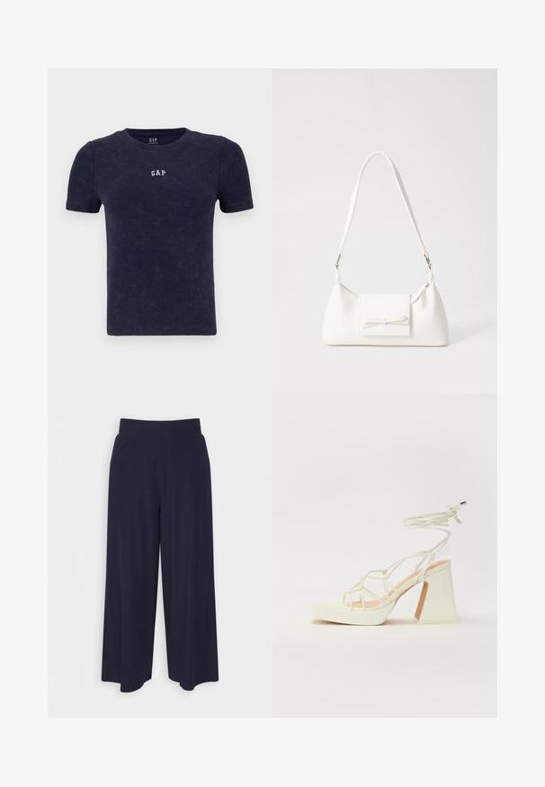 Marineblauwe geribbelde T-shirt met korte mouwen en ronde hals. Voorzien van een klein wit "GAP"-logo op de borst. Zachte textuur, casual ontwerp.; Wijd-uitlopende broek in donkerblauwe stof met een geribbeld patroon. Heeft een gladde tailleband en een vloeiende silhouet, die tot halverwege de kuiten reikt.; Witte hoge hakken sandaal met een chunky hak, met een bandjesontwerp en enkelband. Gladde textuur met een plateau voor extra hoogte.; Witte synthetische handtas met een driehoekige vorm, platte voorklep en strikdetail, verstelbare schouderriem, gladde textuur en minimalistisch ontwerp.