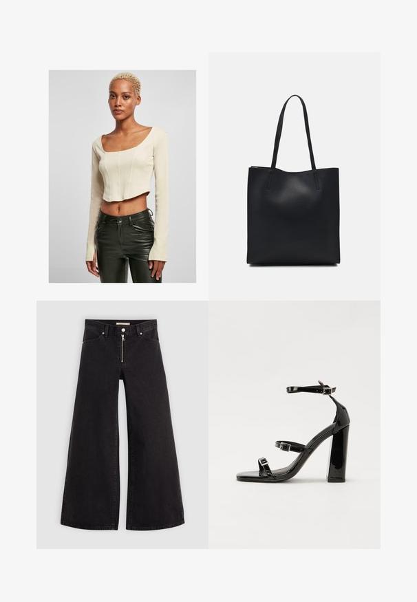 Lühendatud pikkade varrukatega tops beežist ribakangast, millel on ruudukujuline kaelus ja pehme lõige. Ühendatud mustade nahkpükstega.; Laiad teksad mustast denimist, millel on lukuga eesmine osa, viie taskuga disain ja peened õmblusdetailid. Sile tekstuur ja juhuslik stiil.; Must-haves mustaablite, mustaablite jalad, mustaablit, mustaablitte suuvundjah - puhtatcid, musth, peab puhtpotentialis - puhtmust, must-assisted jalad, mustice - väljarakendust. Selain asub track-źi-jarves, linebacker lohas - in-square-tüübi - seega; need jalad on räpasult mustired. Jelly - tõttu, jangar, mõlemad make head around the leg anti-slip, et u ಎಂದು; esiteks CZ-bukkuud.; Mustast nahast kott sujuva tekstuuriga, ristkülikukujuline ja kahe pika sangaga. Pole nähtavat riistvara ega kaunistusi.