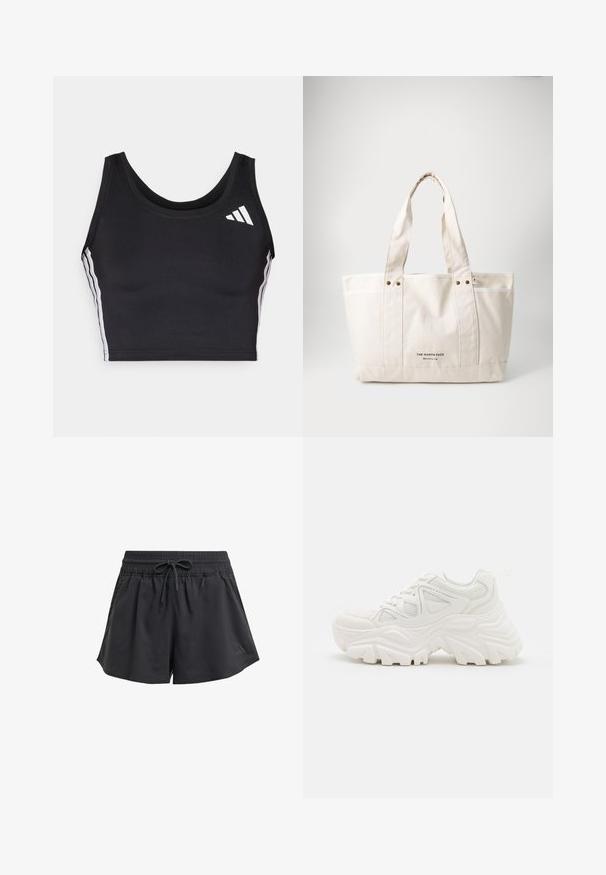 Melna sporta topa krekls ar īsu piedurknēm, izgatavots no elastīga auduma. Iezīmētas apaļas kakla izgriezums, baltas sānu svītras un neliels balts logo kreisajā augšējā stūrī.; Melnas sporta bikses ar elastīgu jostu, iekšējo auklu un sānu spriegumiem. Izgatavotas no gluda, viegla auduma.; Baltas masīvkājas sporta apavi ar strukturētu virsu, sieta paneļiem un biezu gumijas zoli ar izteiktu protektora rakstu. Iekļautas auklas un cilpa uzvilkšanai.; Gaišbēšā krāsā auduma soma ar divām izturīgām rokturiem, kontrastējošu balto apdari un melno logotipu "THE NORTH FACE" priekšpusē.