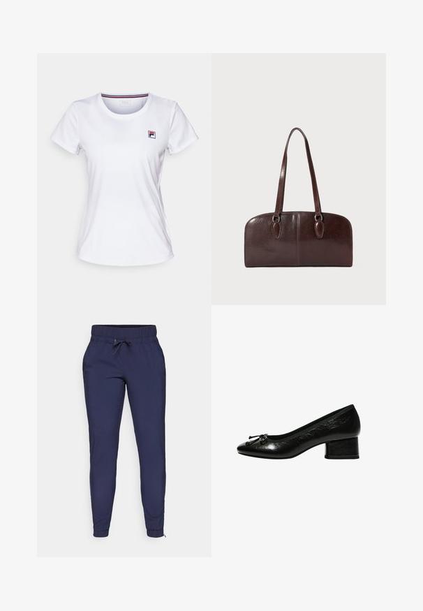 Biele tričko s krátkym rukávom vyrobené z ľahkého materiálu. Má okrúhly výstrih a malé farebné logo na ľavej strane hrude. Jednoduchý dizajn.; Námornícky modré tepláky s elastickým pásom a nastaviteľným šnúrkovým sťahovaním, vybavené zúženými nohavicami a rebrovanými manžetami na členkoch. Hladký povrch látky.; Čierne lakované kožené lodičky s guľatou špičkou, malým blokovým podpätkom a mašľou na prednej strane. Hladká textúra s lesklým povrchom.; Hnedá kožená kabelka s dvoma dlhými uchami, štruktúrovaným obdĺžnikovým tvarom, hladkým povrchom a zaoblenými hranami. Obsahuje akcentové detaily na ušiach.