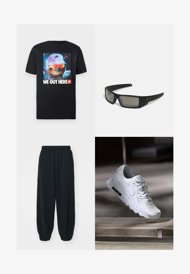 T-shirt de algodão preto com uma ilustração de uma preguiça a usar um chapéu de palha e óculos de sol, contra um fundo espacial, com o texto "ESTAMOS AQUI".; Calças de fato de treino pretas, com cintura elástica e um corte solto, com punhos nas pernas, textura suave e sem padrões visíveis ou detalhes de metal.; Sapatilha Nike Air Max 90 branca com parte superior em malha e couro, caixa de dedos perfurada e uma unidade de ar visível no calcanhar.; Óculos de sol pretos com acabamento mate, lentes retangulares, leve curvatura nas hastes, detalhe sutil do logo e lentes de cor fumada.