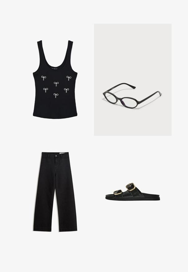 Top in cotone nero a costine con spalline larghe, decorato con sei applicazioni a forma di fiocco in strass bianchi sulla parte anteriore. Tessuto liscio, design aderente.; Pantaloni in denim neri a gamba larga con vita alta, dotati di tasche anteriori e posteriori, cuciture a punto, e chiusura con bottone. Texture liscia.; Infradito neri con due accenti di fibbia dorata, materiale dalla texture liscia, suola piatta e design minimalista.; Occhiali con montatura ovale nera e accenti viola traslucidi sulle lenti. La montatura ha una finitura opaca e delle astine sottili e diritte.