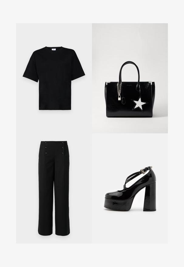Camiseta negra de manga corta en corte relajado, hecha de tela suave, con un cuello redondo y sin patrones o acentos prominentes.; Pantalones anchos negros hechos de una tela suave, con una cintura alta y cinco botones frontales para el cierre. Diseño elegante y a medida.; The Kooples CHAUSSURES - Zapatos altos - black; Bolso de mano de charol negro con una forma elegante. Presenta herrajes de cadena plateada, una cerradura y un acento de estrella blanca en el lateral.