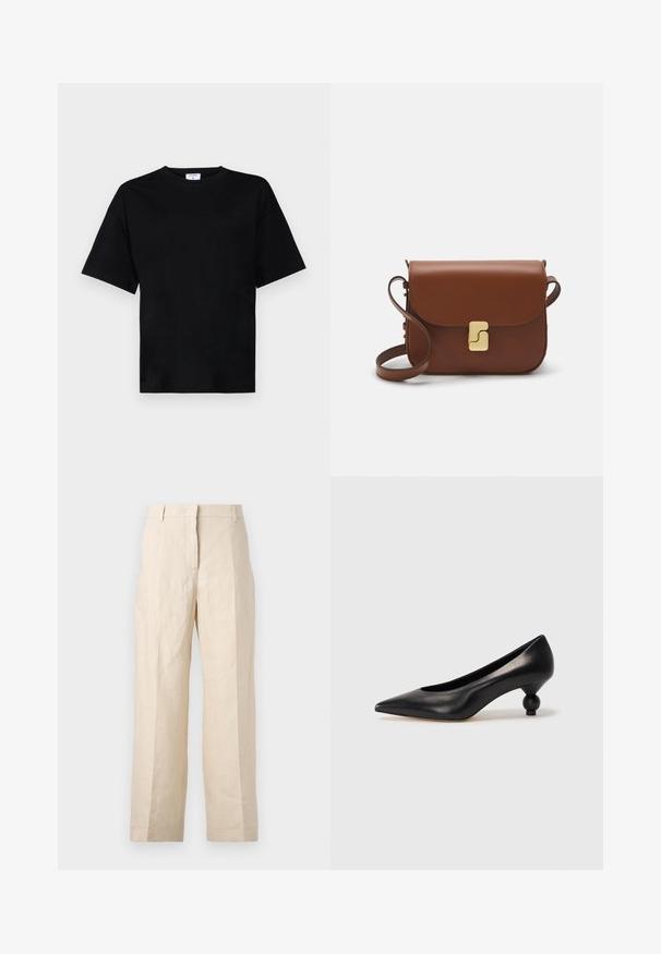 Black short-sleeve t-shirt in a relaxed fit, made of soft fabric, featuring a round neckline and no prominent patterns or accents.; Beige linen trousers with a loose fit, pleated front, and straight legs. Features a waistband with belt loops and no visible pockets.; Black leather high heel shoe with a pointed toe and a round, balled heel. Smooth texture with a sleek, minimal design.; Brown leather handbag with a flap closure, gold-tone hardware, a shoulder strap, and a smooth texture. Compact rectangular shape.