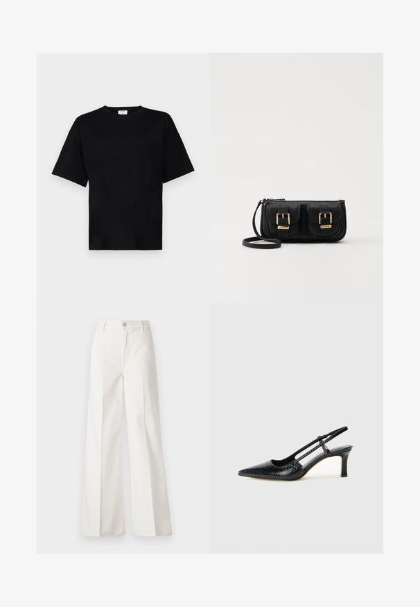 Melnā īsām piedurknēm T-kreklā brīvā izgriezumā, izgatavots no mīksta auduma, ar apaļu kakla izgriezumu un bez izteiktām rakstām vai akcentiem.; Baltas platfita bikses, izgatavotas no kokvilnas ar gludu tekstūru. Aprīkotas ar priekšējo pogu, rāvējslēdzēju un četru kabatu dizainu.; Melna patent āda ar slīdošo papēdi un smailo purngalu, ar teksturētu čūsku drukājumu, regulējamu siksniņu un īsu teksturētu blokpapēdi.; Melnas ādas crossbody soma ar divām priekšējām kabatām, zelta sprādzēm, ar rāvējslēdzēju aizdari un šauru siksnu. Strukturēta virsma un kompakta taisnstūra forma.