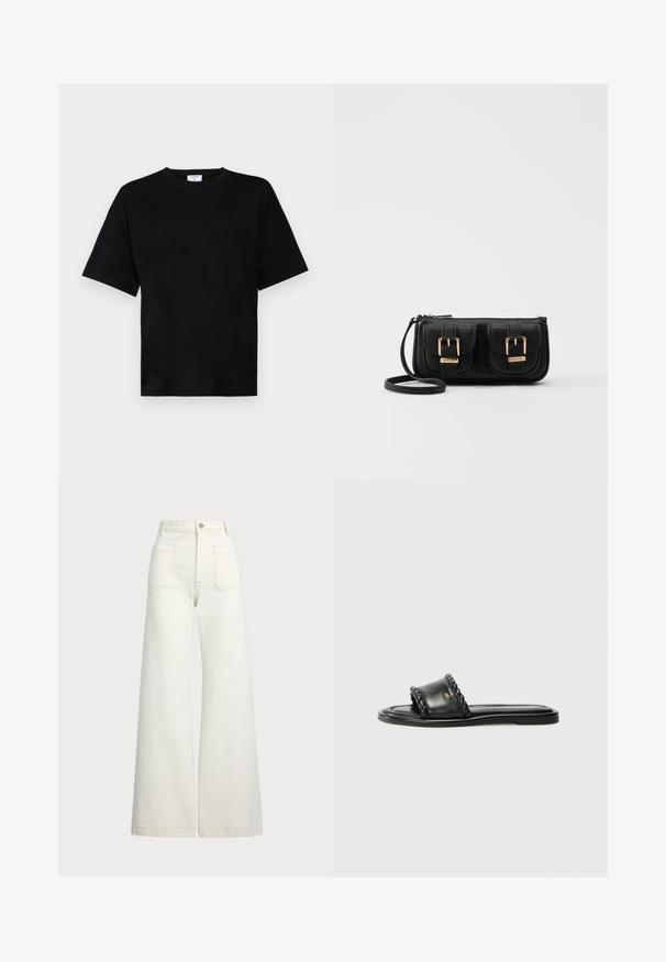 Must t-särk lühikeste varrukatega, mugavas lõikes, pehmest kangast, ümmarguse kaelusega ja ilma silmapaistvate mustrite või aktsentideta.; Laiad teksad heledast denimist. Kõrge vöökoht, nööbivöö, kaks esikotitäit ja kontrastsed õmblused.; Mustmust nagu nahast sandaalid, millel on kootud rihm, lame tall, ja Nub kerge disain. Sile tekstuur ja minimalistlik profiil.; Must küllastamata nahast õlakott, millel on kaks esist nähtavat taskut, kuldsed pandlad, tõmblukuga sulgemine ja peen rihm. Tekstuuriga pind ja kompaktne ristkülikukujuline kuju.