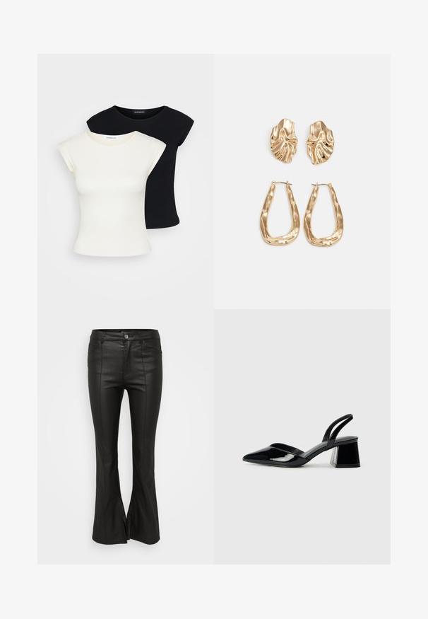 Dwa dopasowane T-shirty: jeden w kolorze kremowym, a drugi czarnym. Wykonane z miękkiej, fakturowanej bawełny, z krótkimi rękawami i okrągłym dekoltem.; Czarne spódnie o szerokim kroju, z błyszczącą, skórzopodobną teksturą, z przednimi kieszeniami, zapięciem na guzik oraz bocznymi rozcięciami u dołu.; Czarne lakierowane półbuty na obcasie z wydłużonym noskiem i geometrycznym słupkiem. Charakteryzują się eleganckim, minimalistycznym designem oraz gładką fakturą.; Złote kolczyki w odcieniu, prezentujące teksturowane, faliste kształty. Zawierają rzeźbiarskie klipsy i otwarty projekt kółek z młotkowanym wykończeniem.