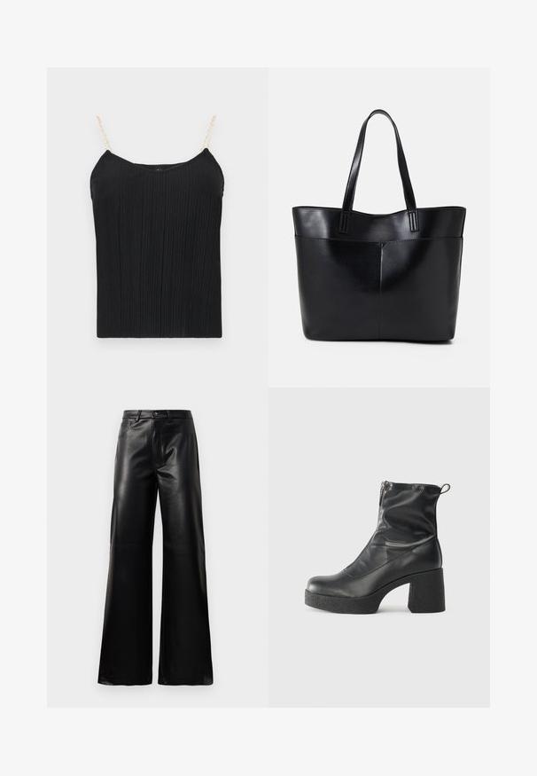 Čierna rebrovaná tielko s tenkými, reťazovými ramienkami. Materiál má jemne štruktúrovaný povrch, ponúkajúci priliehavý strih.; Čierne vysokopriestené široké nohavice z umelého kože s predným gombíkom, zipsom, pútkami na opasok a bočnými vreckami na bielom pozadí.; Čierne členkové topánky z hladkej kože, so bočným zipsom, robustnou textúrovanou pätnou časťou a zaobleným dizajnom špičky.; Čierna kožená tote taška s dvoma dlhými rúčkami, hladkým povrchom a štruktúrovaným tvarom. Obsahuje prednú kapsu pre dodatočné uskladnenie.