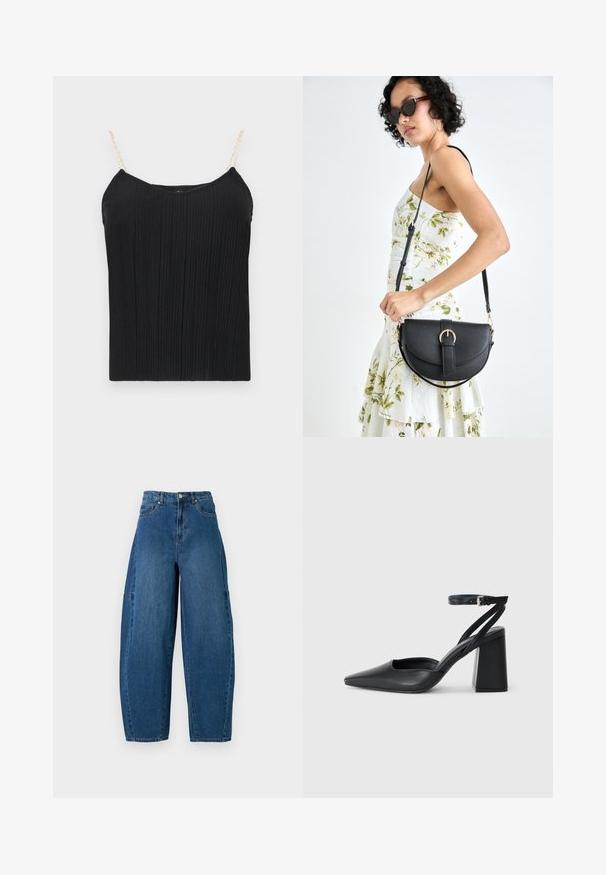 Fekete, bordázott pántos topp, vékony, láncszerű pántokkal. Az anyag enyhén texturált felületű, amely illeszkedő siluettet biztosít.; Közepes kék mosású farmernadrág, magas derékkal, széles lábszárral és hagyományos öt zsebes kialakítással, látható varrási részletekkel.; Fekete bőr, hegyes orrú magassarkú cipő boka pánttal és vastag sarokkal. Sima textúra, elegáns dizájn és minimális esztétika.; Fekete bőrtáska ívelt formával, levehető pánttal és arany színű fémrészekkel. A táskán egy csattal díszített fedél található.