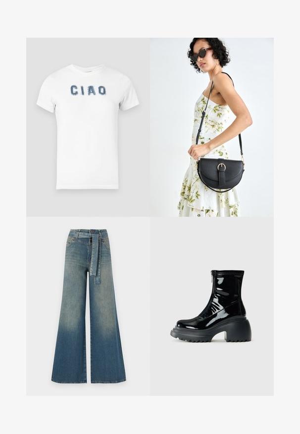 Balta medvilninė marškinė su mėlynu nusidėvėjusiu "CIAO" tekstu per krūtinę. Trumpomis šeimomis ir apvaliu iškirptu.; Platus džinsinis kelnes su šviesiai tamsiai mėlynu gradientu, aukštu juosmeniu, diržo kilpomis ir atitinkančiu audinio diržu. Textūruotas džinsinis paviršius.; Blizgus juodos platformos kulkšninis botas su apvalia pirštine, storiu kulnu, užtrauktuku ir storu grublėtu padu prieš baltą foną.; Juodas odinis krepšys su išlenkta forma, nuimamu dirželiu ir auksiniais detalėmis. Krepšys turi kilpą su sagtimi.