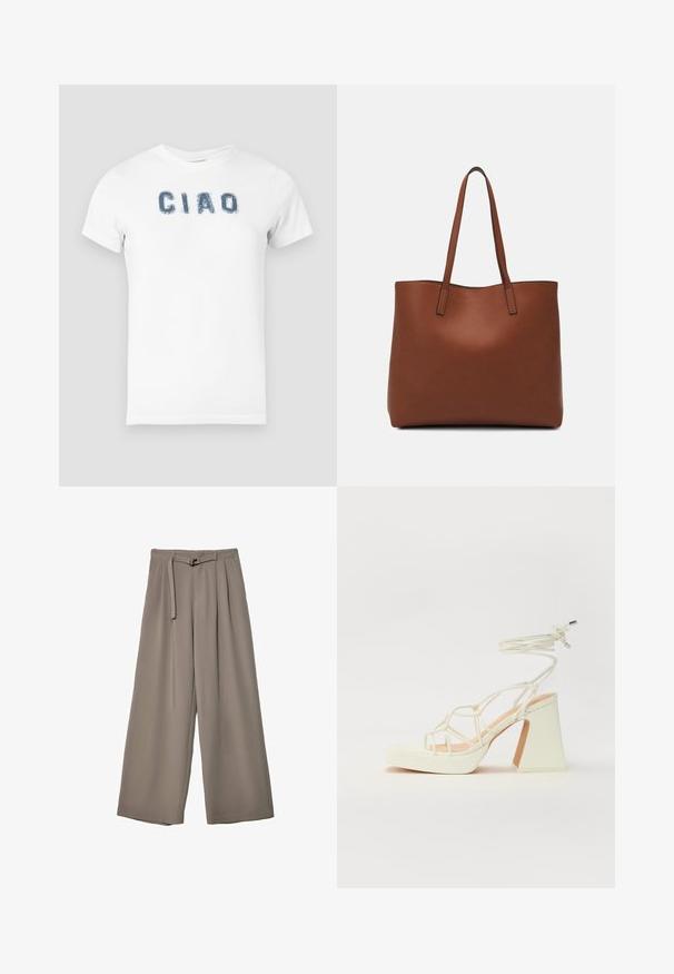 Vit bomullströja med blå slitna "CIAO"-text över bröstet. Korta ärmar och rundad halsringning.; Breda byxor i ett mjukt, dämpat grått tyg, med belagd midja och veck för extra designdetaljer. Slät textur, inga mönster.; Vit högklackad sandal med en kraftig klack, med ett remdesign och ankelband. Slät textur med en plattform framtill för ökad höjd.; Brun läder tote-väska med en slät textur, öppen toppdesign och två axelremmar. Har minimal söm och ingen synlig metalldetalj.