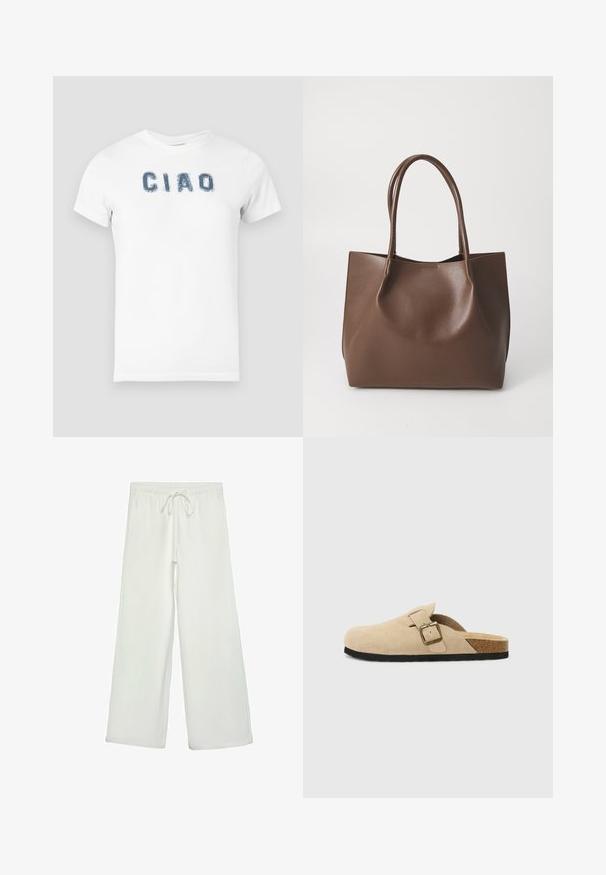 Biela bavlnená tričko s modrým opotrebovaným textom "CIAO" napísaným cez hruď. Krátke rukávy a okrúhly výstrih.; Biele nohavice s širokými nohavicami vyrobené z mäkkej tkaniny. Majú elastický pás s šnúrkou a hladký povrch. Žiadne viditeľné vzory ani kovania.; Bežové semišové clogs na klinoch so korkovou stielkou, zaoblenou špičkou a jednoduchým remienkom so zlatým sponou. Gumová podrážka pre lepšiu priľnavosť.; Hnedá kožená taška s dvoma dlhými uchami, štruktúrovaný tvar, hladká textura a minimalistický dizajn. Bez viditeľného hardvéru alebo akcentov.