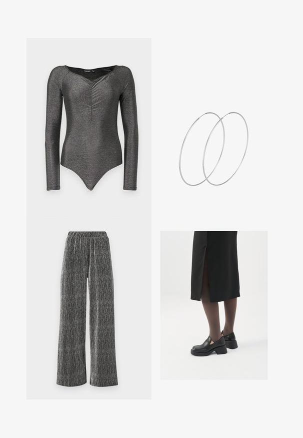 Pikendusega bodysuit, mis on valmistatud sädelevast mustast kangast, sügava V-kaeluse ja esiosas kokku tõmmatava detailiga, millel on liibuv siluett ja nööpide sulgemine.; Laiad püksid, mis on valmistatud tekstuurses musta ja hõbeda materjalist, millel on figureeritud elastne vöökoht ja vertikaalne triibuline muster.; Mustad mustad jalatsid ümmarguse varbaga, paksu plokkniidi ja elastsete külgdetailidega, kombineeritud tumedate sukkade ja musta lõhikuga seelikuga.; Hõbedased rõngastikkaehingad minimalistlikus disainis. Ümar kuju, sile tekstuur ja õhuke profiil. Kerged ning poleeritud viimistlusega.