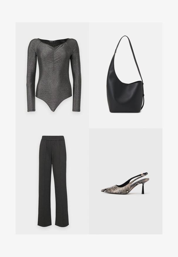 Langermet bodysuit i skimrende svart stoff med dyp V-hals og rynkedetalj foran, med en tett silhuett og knappelukking.; Svart rette bukser med elastisk liv, frontfolder, myk stoff, og uten synlige mønstre eller maskinvare detaljer.; Pekefotede slingback-sko laget av teksturert slange-print materiale, med en slank svart hæl og et utskjæringsdesign på sidene.; Svart lær hobo-veske med glatt tekstur, buet form og enkelt justerbart stropp; har en bred åpning på toppen.