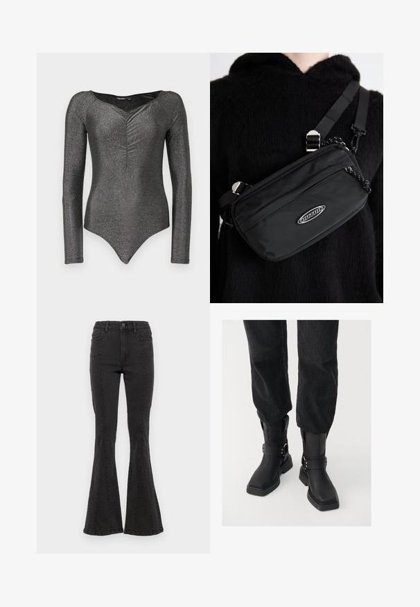 Long-sleeve bodysuit in shimmering black fabric with a deep V-neck and gathered detail at the front, featuring a fitted silhouette and snap closure.; Black denim flared jeans with a high waist, featuring side seams and a clean finish at the hem. Fabric has a smooth texture with slight stretch.; Black leather ankle boots with a square toe, featuring a wide strap and metal buckle detail. The boots have a chunky sole and smooth texture.; Black nylon crossbody bag with adjustable strap, featuring a smooth texture, a front zipper pocket, and a logo accent.