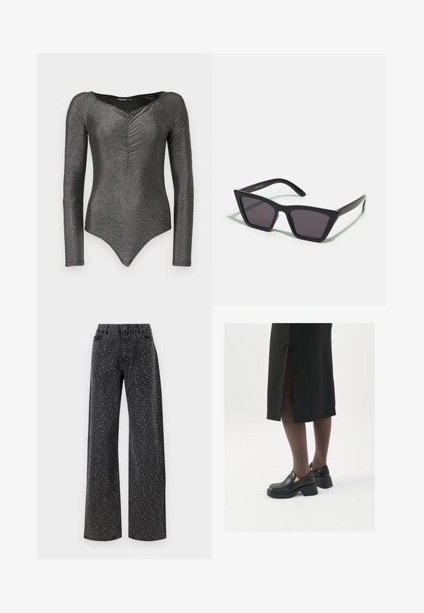 Pikendusega bodysuit, mis on valmistatud sädelevast mustast kangast, sügava V-kaeluse ja esiosas kokku tõmmatava detailiga, millel on liibuv siluett ja nööpide sulgemine.; Noisy May NMJANNEL LOOSE - Avar lõikega teksad - black denim; Mustad mustad jalatsid ümmarguse varbaga, paksu plokkniidi ja elastsete külgdetailidega, kombineeritud tumedate sukkade ja musta lõhikuga seelikuga.; Mustad mustrakellad, millel on hallid šabloonid; valmistatud plastist, paksude ja siledate kätega, ilma nähtava riistvarata.; Hõbedased rõngastikkaehingad minimalistlikus disainis. Ümar kuju, sile tekstuur ja õhuke profiil. Kerged ning poleeritud viimistlusega.