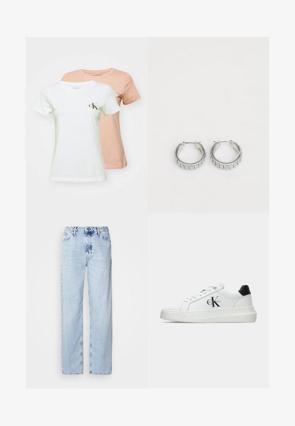 Du dušo medvilniniai marškiniai: vieni balti su juodu ir auksiniu logotipu, kiti persikiniai. Abu turi apvalius kaklus ir trumpas rankoves.; Šviesiai mėlynos plačios kelnės, pagamintos iš džinsinio audinio, su aukšta juosmens linija, išblukusiu plovimu ir subtiliu tinių dažymu priekyje.; Balti žemakulniai bateliai su juodu kulno dangteliu, platformos padu, raišteliais ir Calvin Klein "CK" logotipu šone.; Sidabrinės auskarų žiedai su tekstūruotu dizainu, turinčiu vertikalias briaunas. Apskritimo forma su saugiu užraktu. Lygi apdaila.