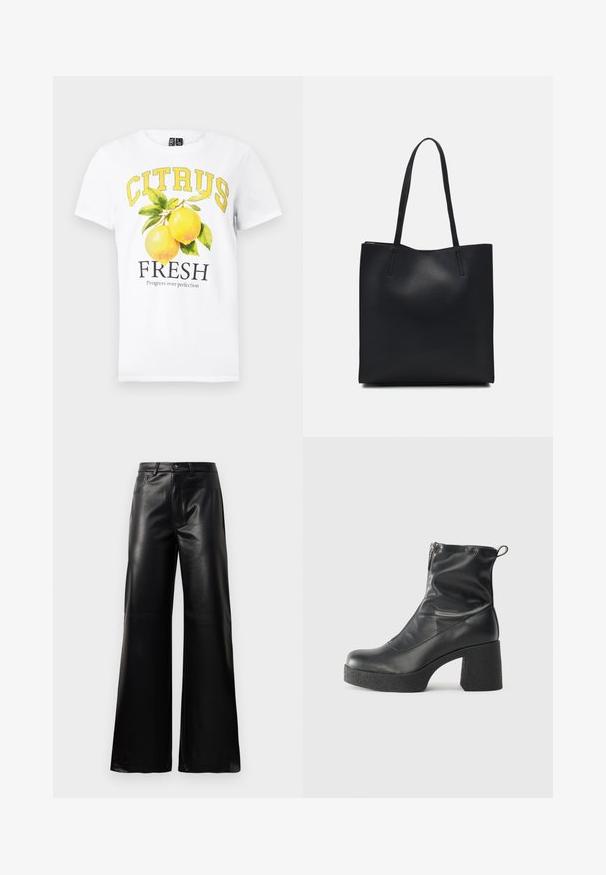 Hvit bomulls t-skjorte med et gult grafisk design som har teksten "CITRUS FRESH" og to sitroner omgitt av grønne blader.; Sorte høy midje vide ben bukser i imitert skinn med knapp foran, glidelås, beltehemper og sidelommer på hvit bakgrunn.; Svarte ankelstøvler laget av glatt lær, med glidelås på siden, chunky strukturert hæl, og rund tå-design.; Svart lær tote bag med glatt tekstur, rektangulær form og to lange håndtak. Ingen synlige deler eller dekorasjoner.