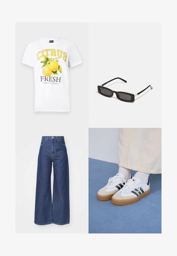 Balts kokvilnas T-krekls ar dzeltenu grafiku, kurā ir uzraksts "CITRUS FRESH" un divas citrondzēvītes, ko ieskauj zaļas lapas.; Plati cimdi no tumši zilas denim auduma. Augsta jostas dizains ar rāvējslēdzēju un pogu aizdari. Iekļauj klasisko piecu kabatu stilu un apstrādātas malas.; Baltas sporta apavi ar melnām svītrām un beisīgo zamšādu akcentiem. Ievies struktūrētu gumijas zoli un izkārtotas baltas šnerves, valkāti ar gaišiem zeķēm.; Melnas taisnstūra saulesbrilles ar tumšiem objektīviem, spīdīgām plastikāta rāmēm un zelta akcentiem tempļos. Minimalistisks dizains un eleganta forma.