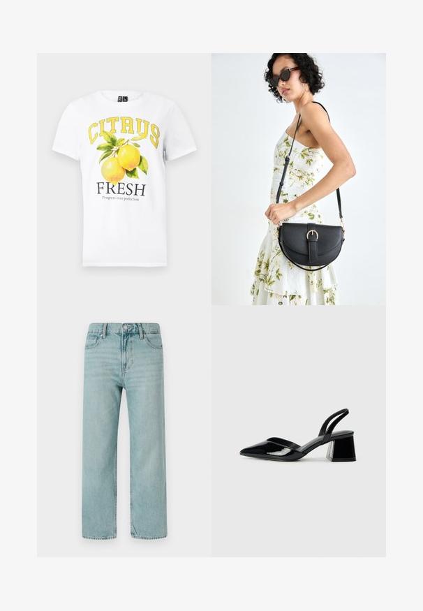 Valge puuvillane T-särk, millel on kollane graafika koos tekstiga "CITRUS FRESH" ja kaks sidrunit roheliste lehtede keskel.; Heledad sinine lai leg jeans, mis on valmistatud denimist, klassikalise viie tasku disainiga, puhaste joontega ning regulaarse vöökohtadega, millel on nupuvajutus.; Mustad musta lakknahk kingad, millel on terav varvas ja geomeetriline plokkkonts. Omab elegantselt minimalistlikku disaini ja sujuvat tekstuuri.; Mustmust mustraha kõverate joontega, eemaldatava rihmaga ja kuldsete detailidega. Kotil on klapp, millel on pandladetail.